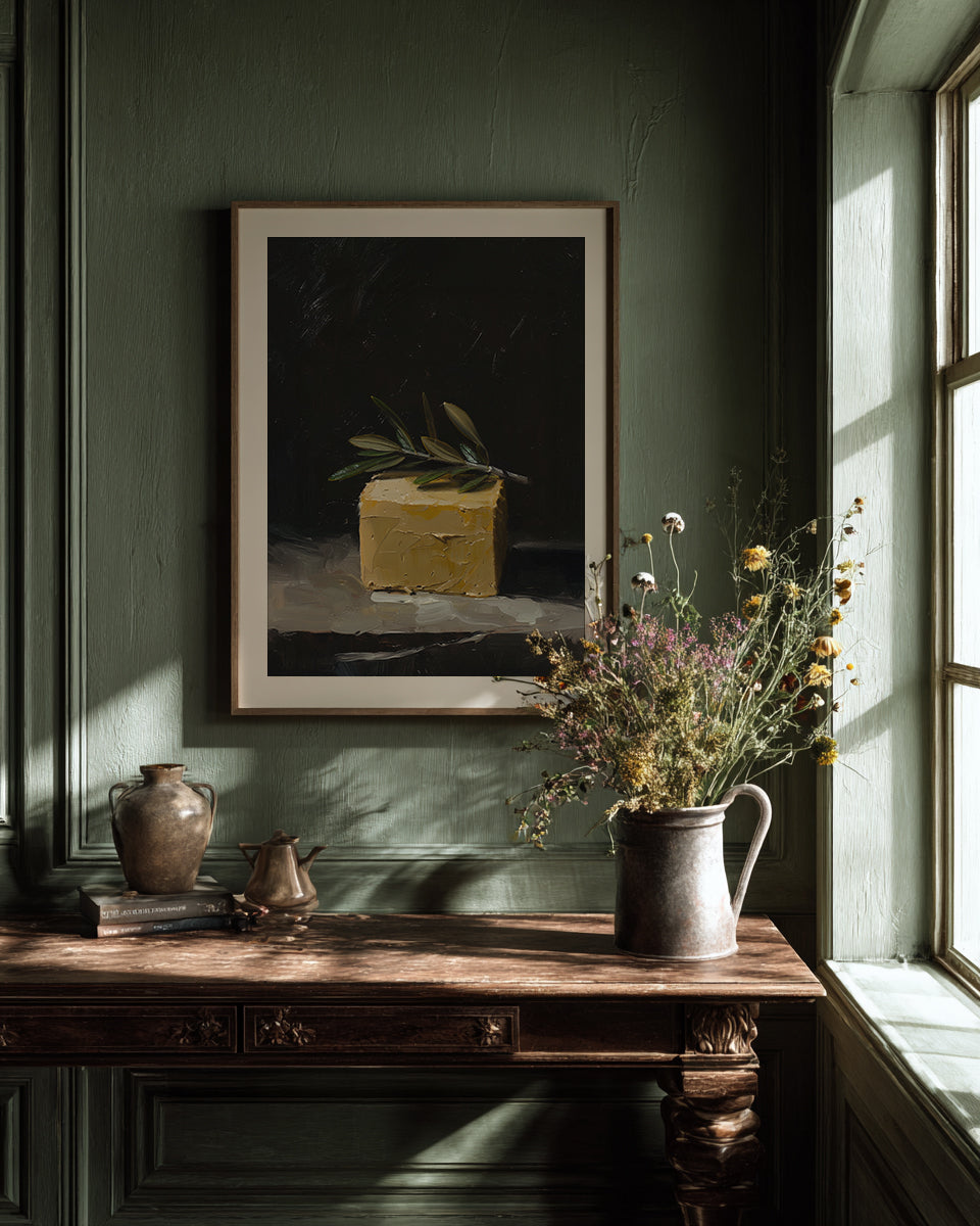 oil style still life painting of a butter block topped with an olive branch on a dark background, classical textured artwork with warm light