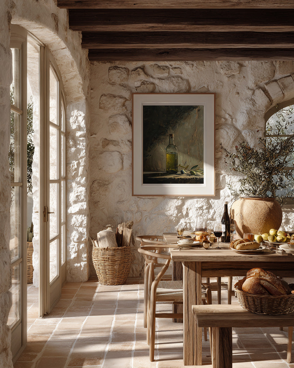 oil style still life painting of a bottle of olive oil with olives on a table, warm textured artwork in classical European style