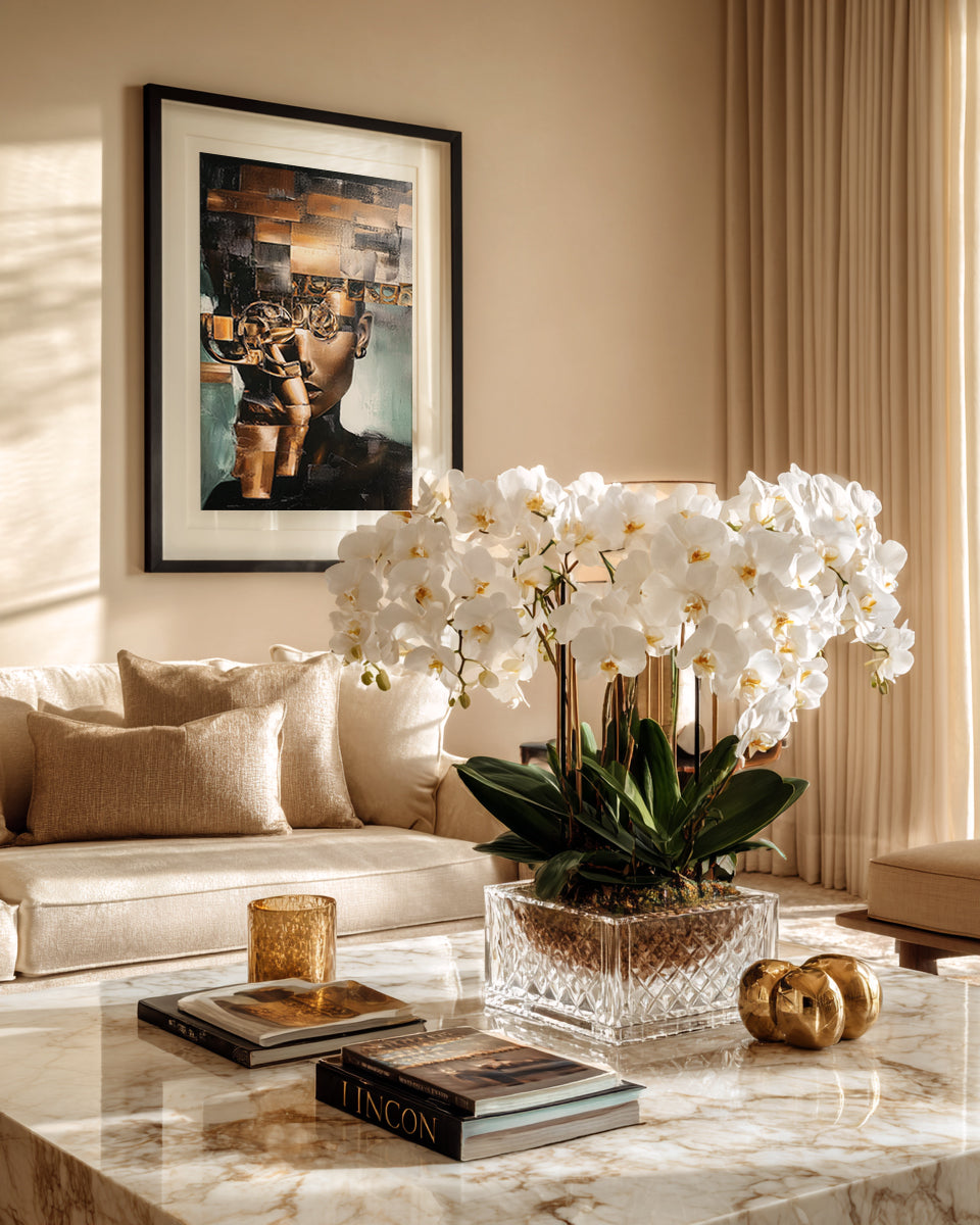 Abstract portrait of a woman with geometric gold elements and metallic textures covering part of her face.