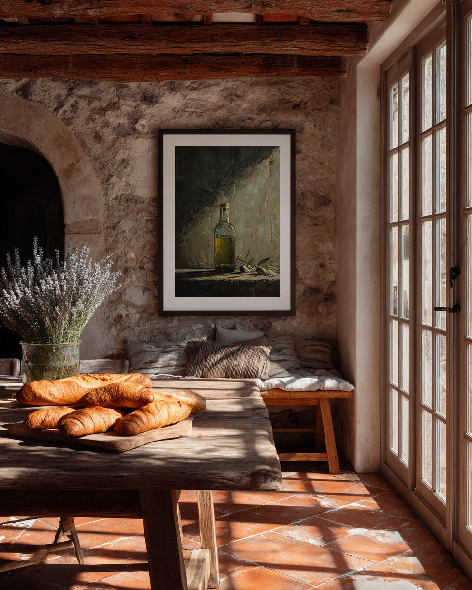 oil style still life painting of a bottle of olive oil with olives on a table, warm textured artwork in classical European style