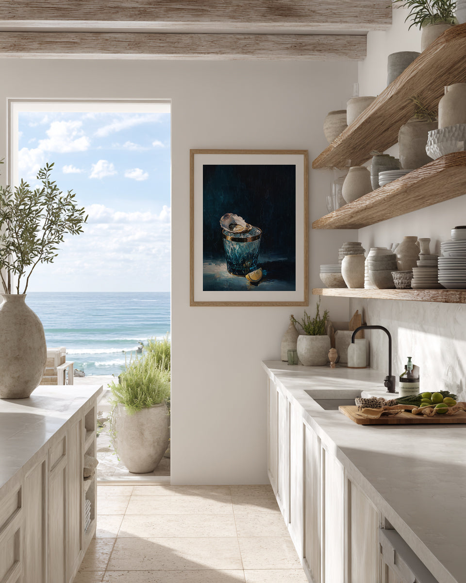 luxury still life oil painting of an oyster on ice in a blue cut glass vessel with lemon slice, dark moody background, elegant wall art
