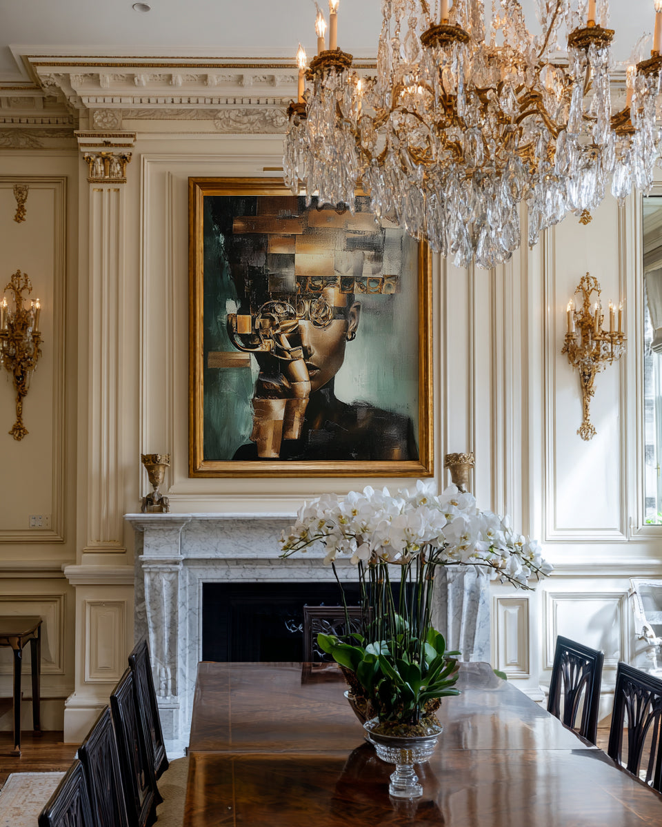 Abstract portrait of a woman with geometric gold elements and metallic textures covering part of her face.