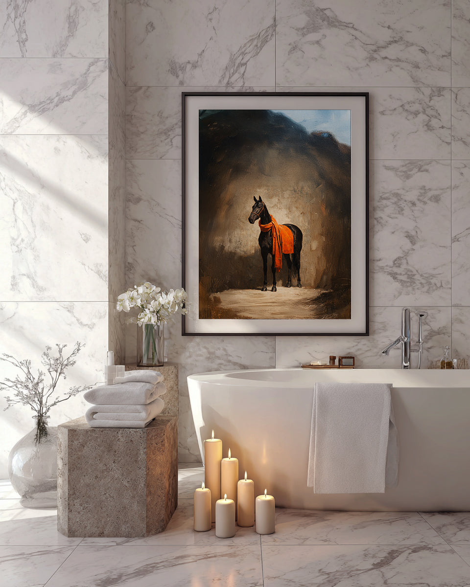 Bathroom with a painting of a horse draped in a red blanket, candles, and towels.