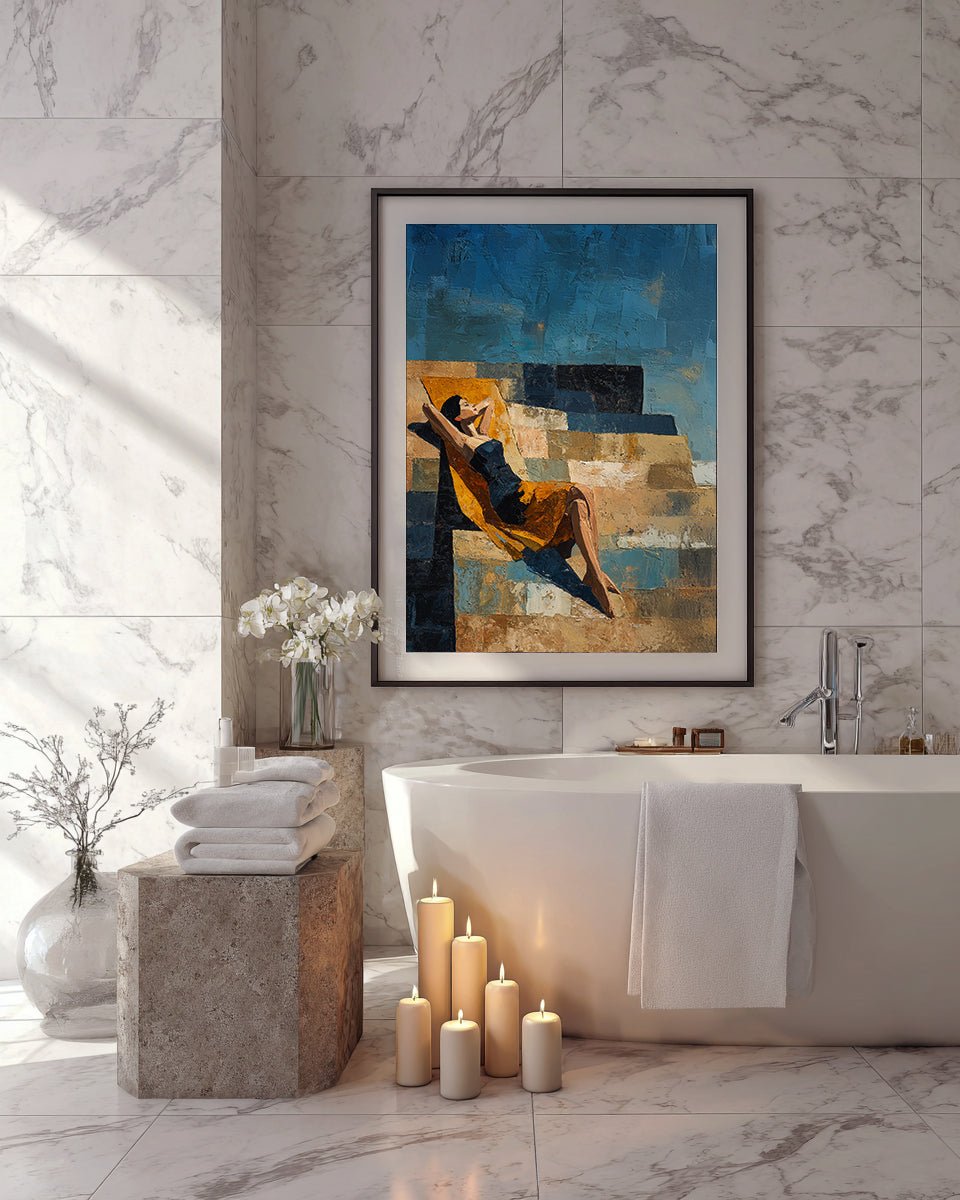 Modern bathroom with marble walls, a bathtub, candles, and a framed abstract painting.