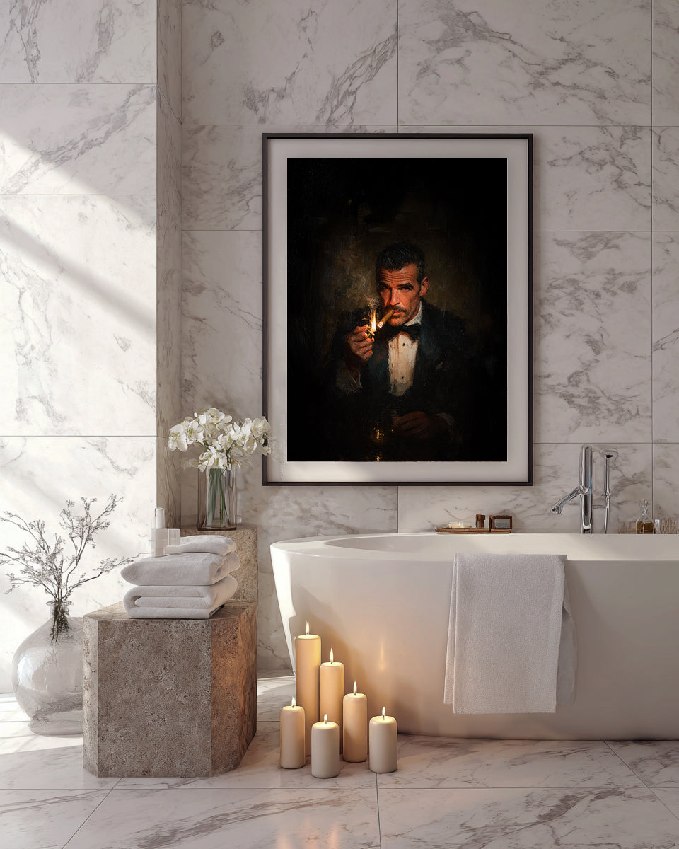 Framed portrait of a man smoking a cigarette in a bathroom with candles and towels.