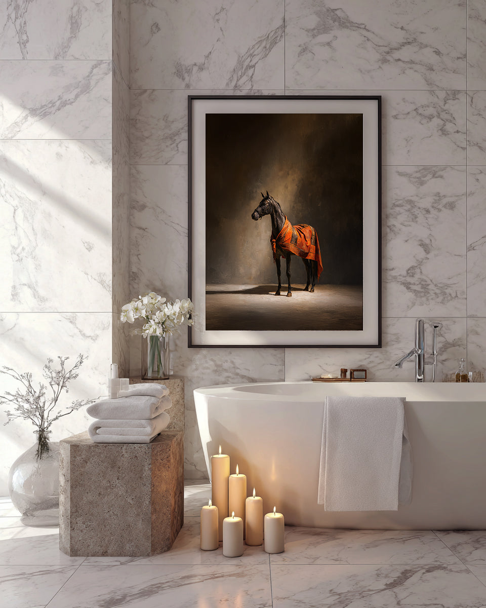 Bathroom with a framed horse portrait on the wall, candles, and towels.