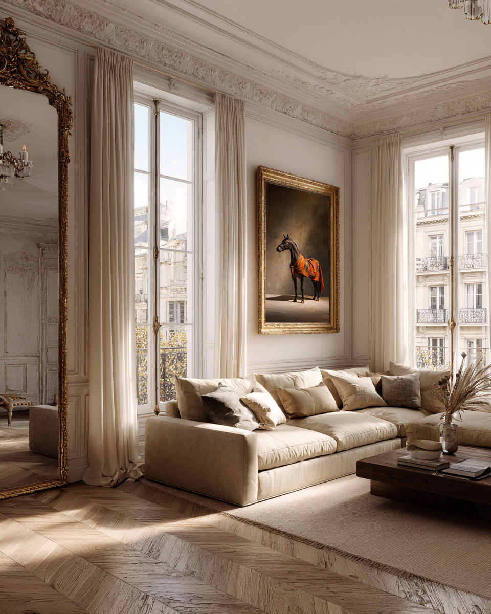 Luxurious living room with a horse painting on the wall, large windows, and a beige sofa.