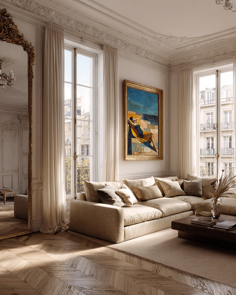 Luxurious living room with beige sofa, large mirror, and artwork.