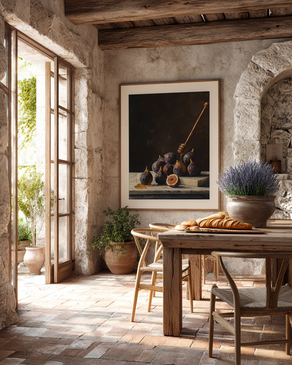 oil style still life painting of figs on marble with honey dripping from a wooden dipper, dark background and rich classical lighting