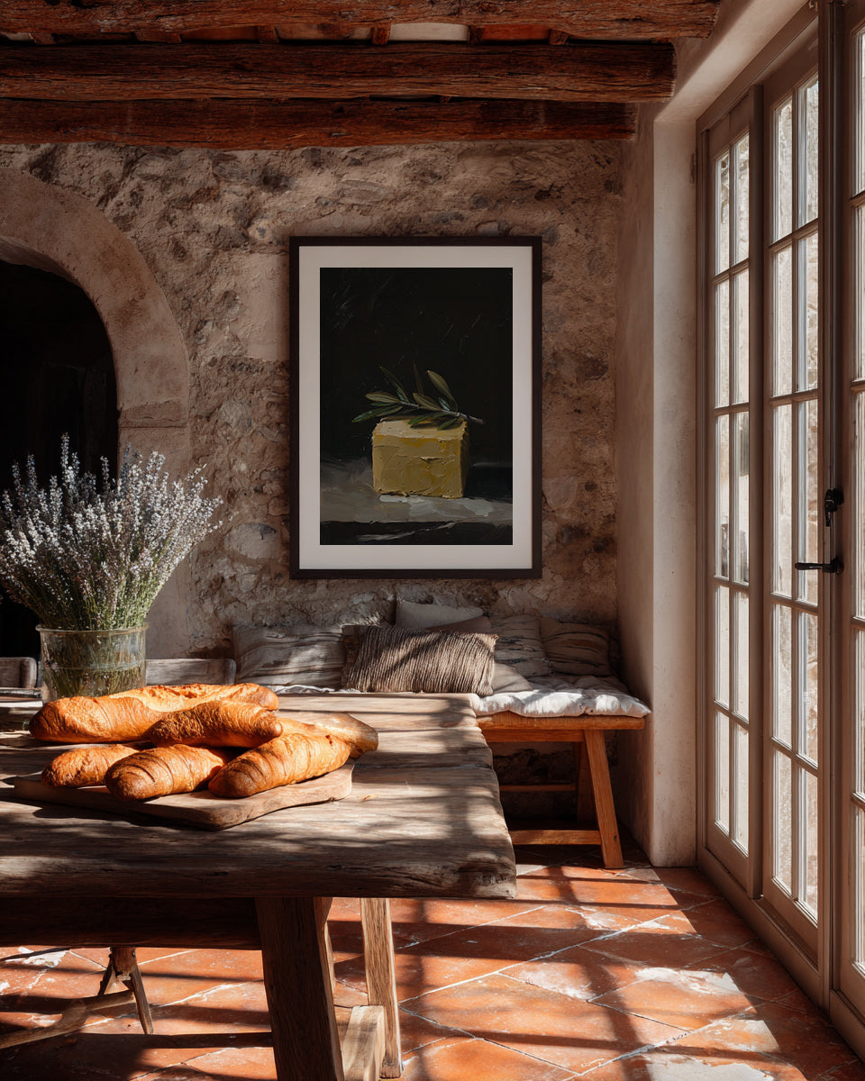 oil style still life painting of a butter block topped with an olive branch on a dark background, classical textured artwork with warm light