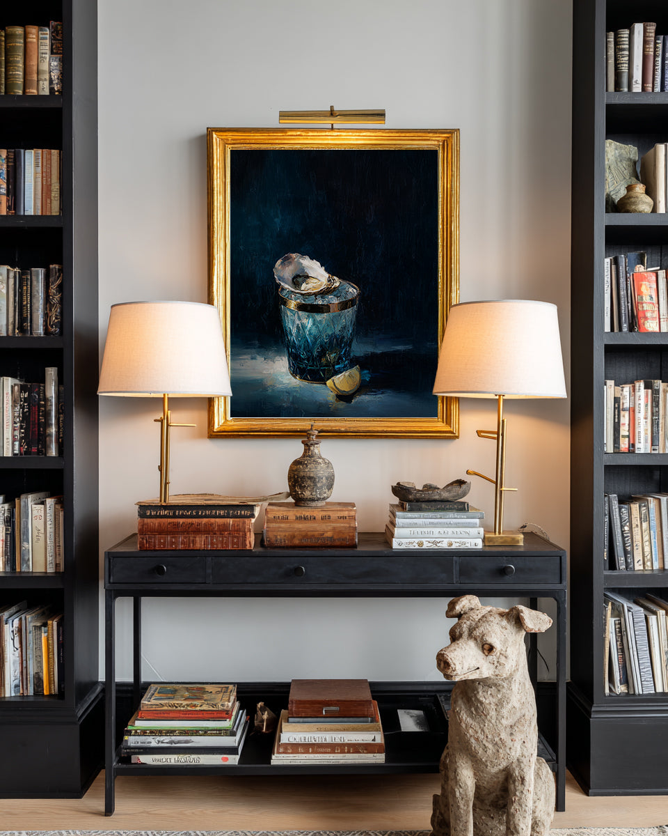 luxury still life oil painting of an oyster on ice in a blue cut glass vessel with lemon slice, dark moody background, elegant wall art
