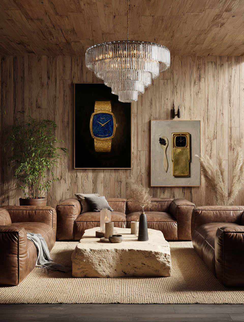 Modern living room with brown leather sofa, chandelier, and wall art.