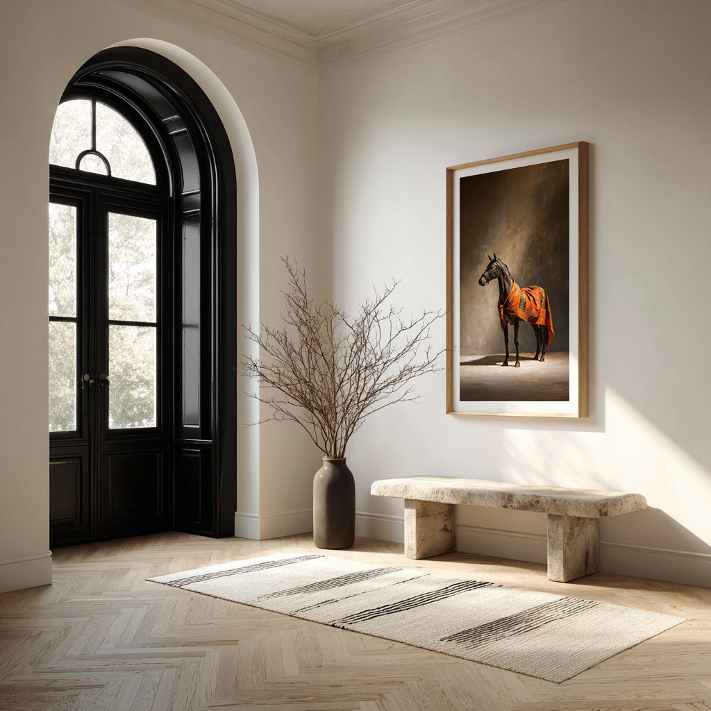 Modern interior with a horse painting on the wall, bench, and vase with branches.