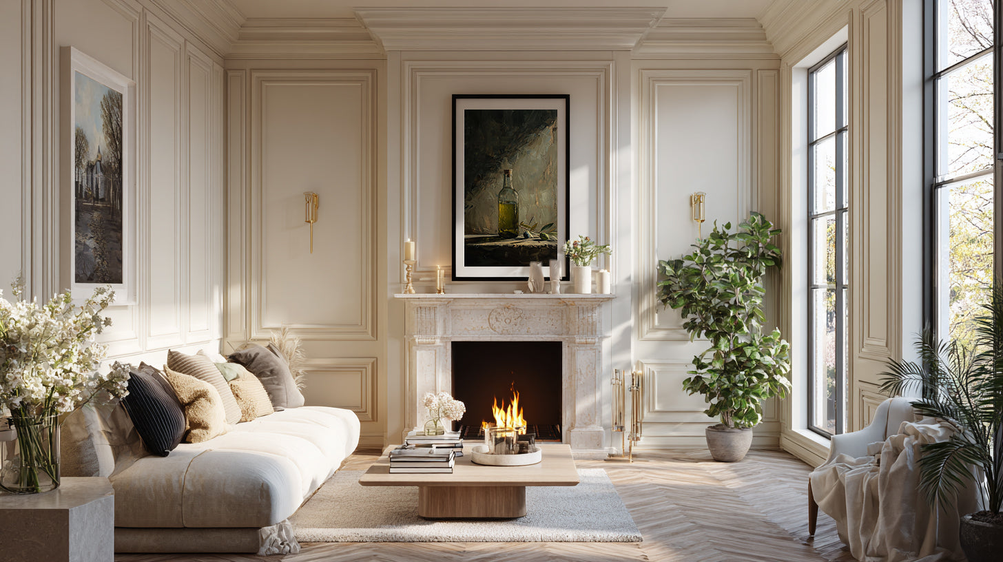 oil style still life painting of a bottle of olive oil with olives on a table, warm textured artwork in classical European style