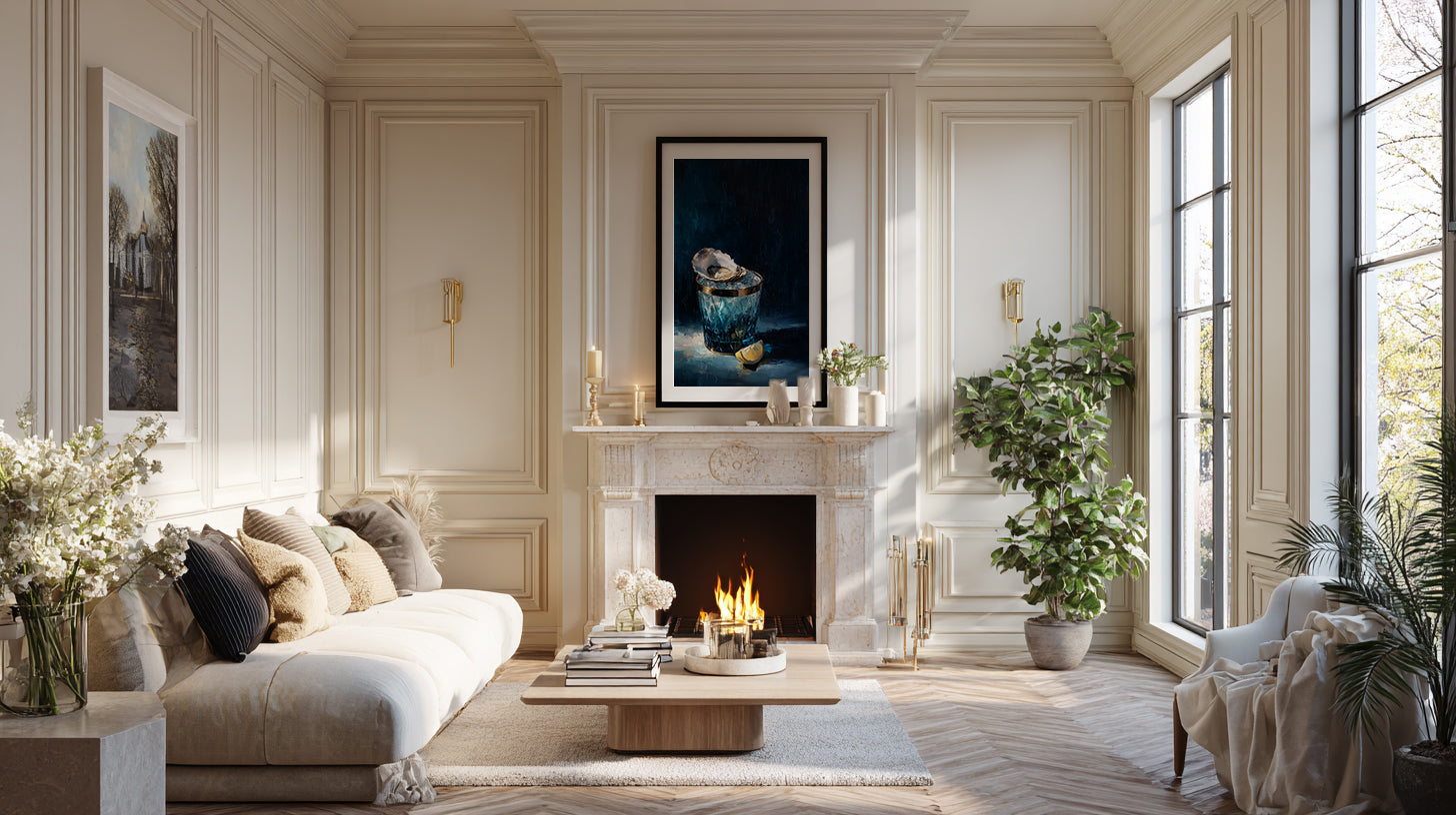 luxury still life oil painting of an oyster on ice in a blue cut glass vessel with lemon slice, dark moody background, elegant wall art
