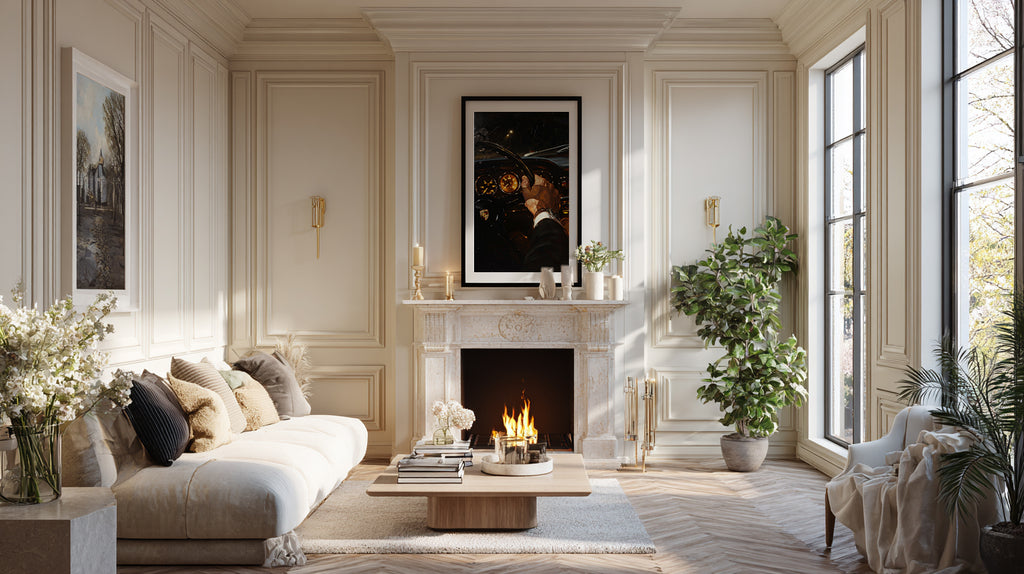 Luxurious living room with fireplace, sofa, and decorative elements.