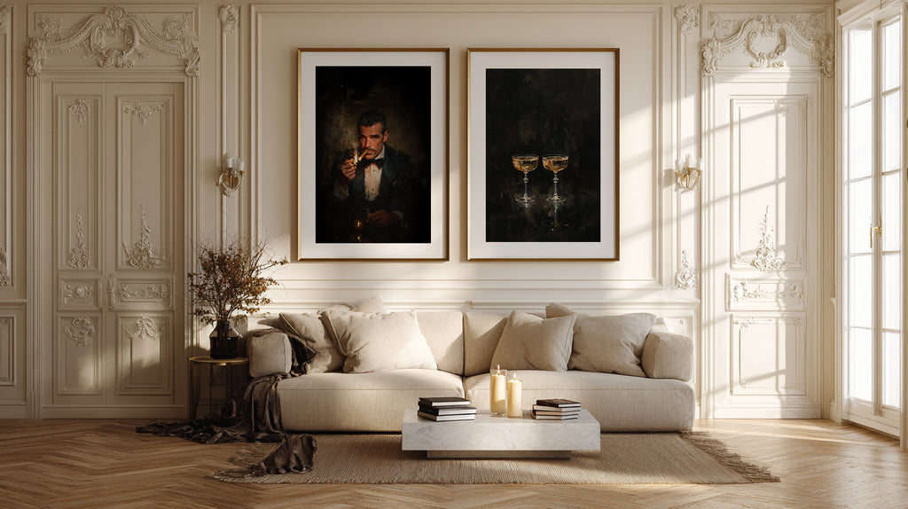 Luxurious living room with a beige sofa, framed pictures, and decorative elements.