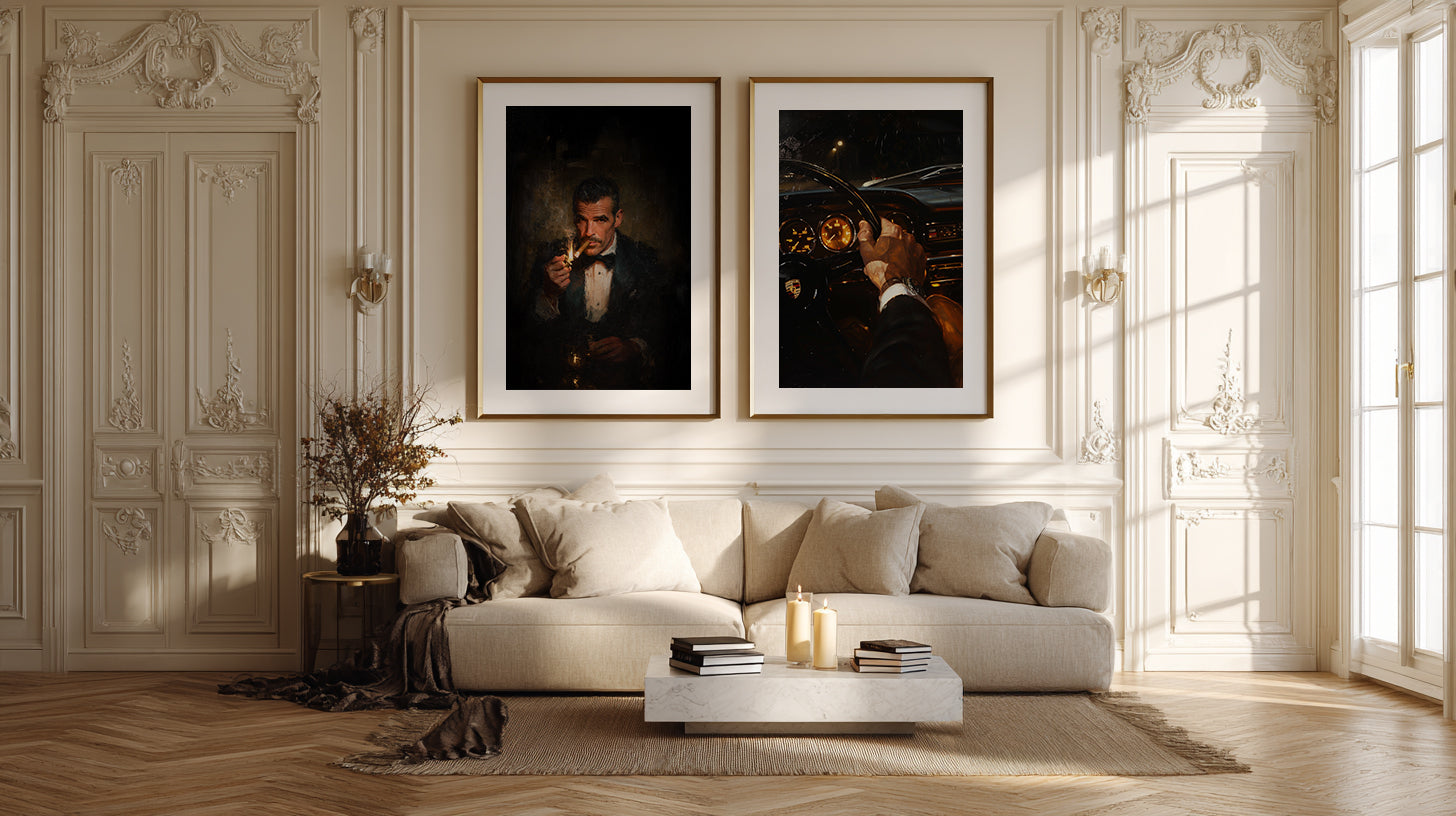Living room with a beige sofa, framed pictures on the wall, and decorative elements.