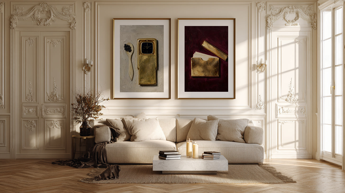 Living room with a beige sofa, framed artwork, and decorative items.