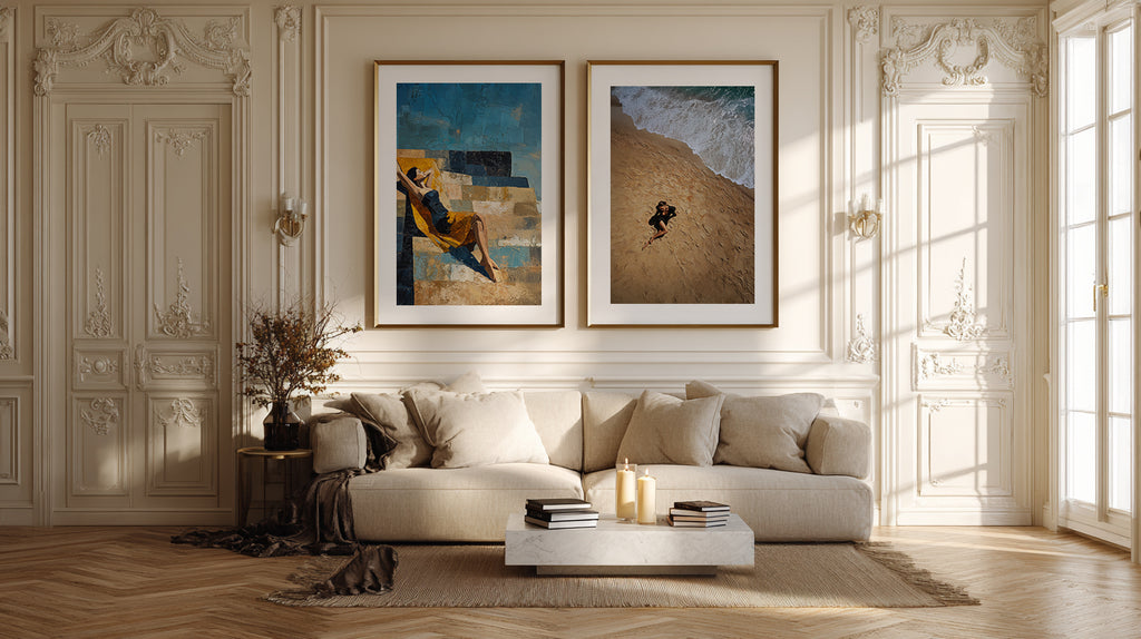 Living room with a beige sofa, coffee table, and wall art in a stylishly decorated room.