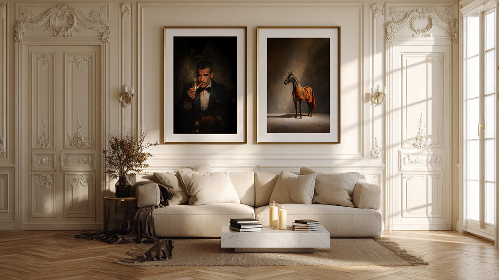 Living room with a beige sofa, framed pictures of a man and a horse, and decorative elements.