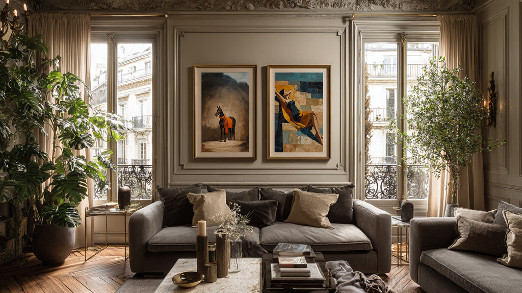 Living room with gray sofa, decorative pillows, and framed artwork on a wall.