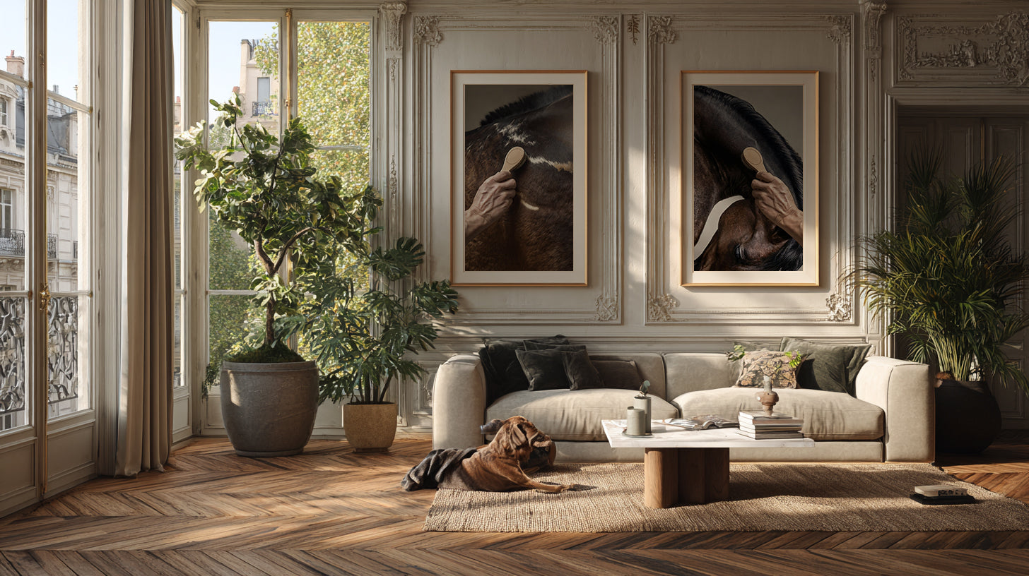 close up photograph of a horse’s shoulder being brushed by hand in soft studio lighting