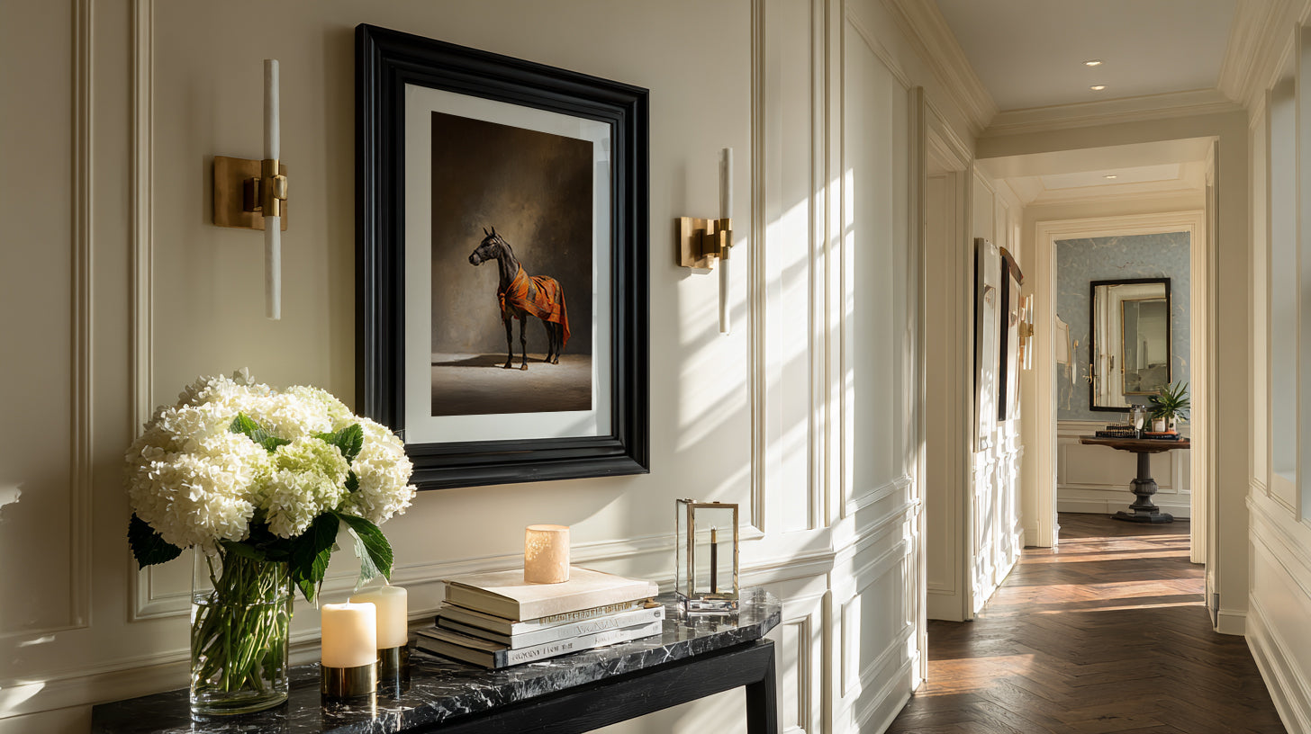 Stylish interior hallway with framed artwork, candles, and flowers.