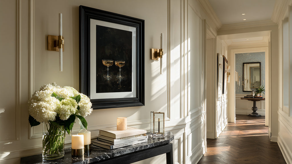 Decorative hallway with framed artwork, candles, and flowers on a console table.