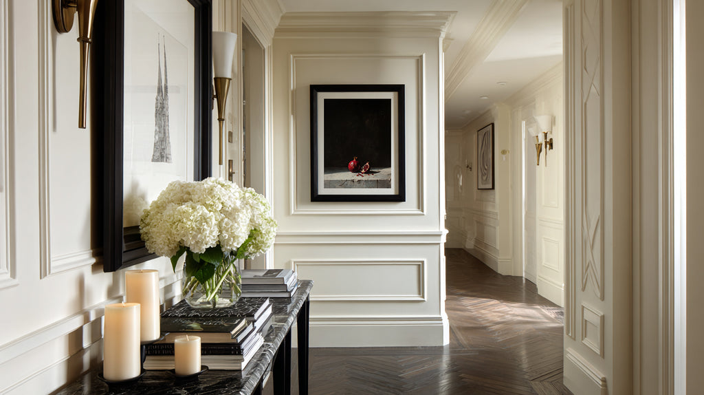 Elegant hallway with decorative elements including a mirror, candles, and framed artwork.