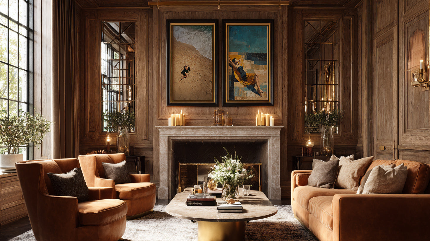 Luxurious living room with wooden walls, fireplace, and elegant furniture.