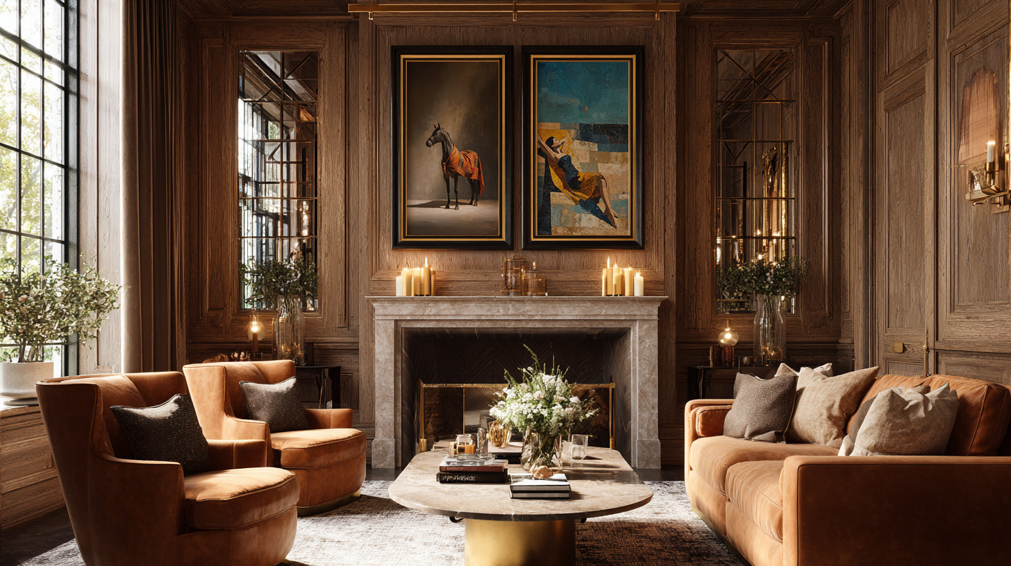 Luxurious living room with wooden walls, fireplace, and elegant furniture.