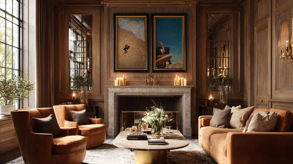 Luxurious living room with wooden walls, fireplace, and elegant furniture.