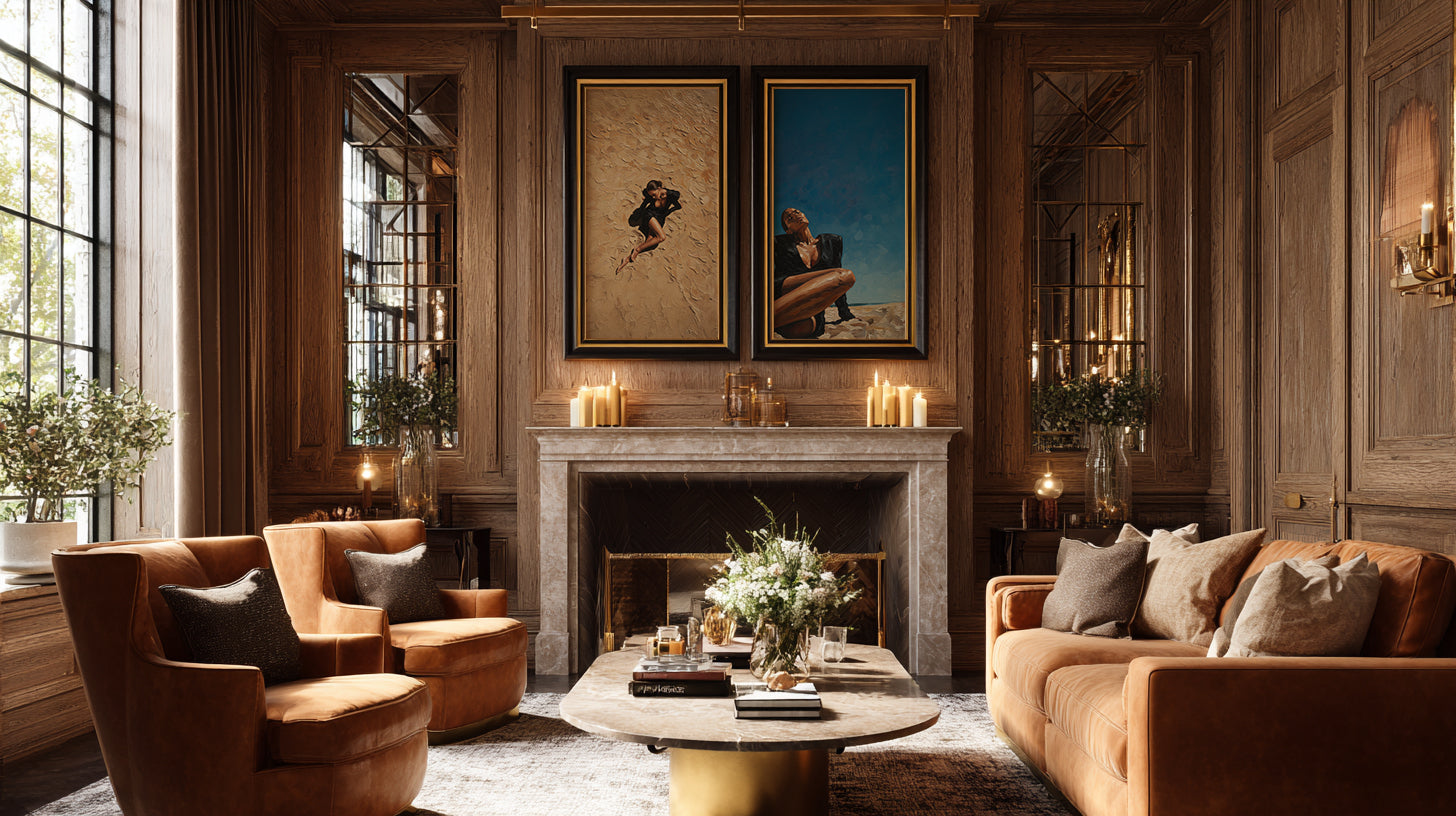 Luxurious living room with wooden walls, fireplace, and elegant furniture.