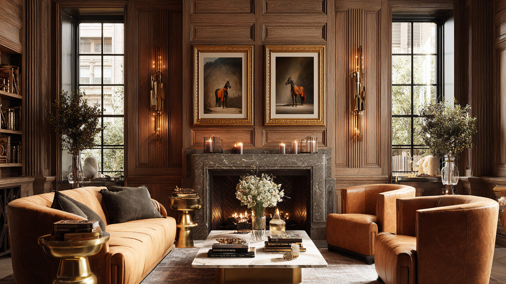 Luxurious living room with wooden walls, fireplace, and elegant furniture.
