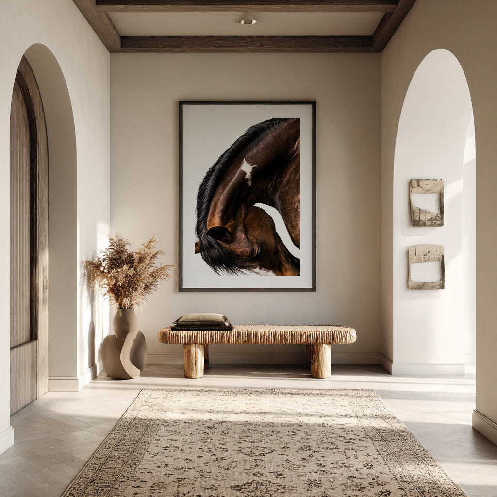 close up photograph of a horse lowering its head in a graceful bow, showing the curved neck and soft lighting
