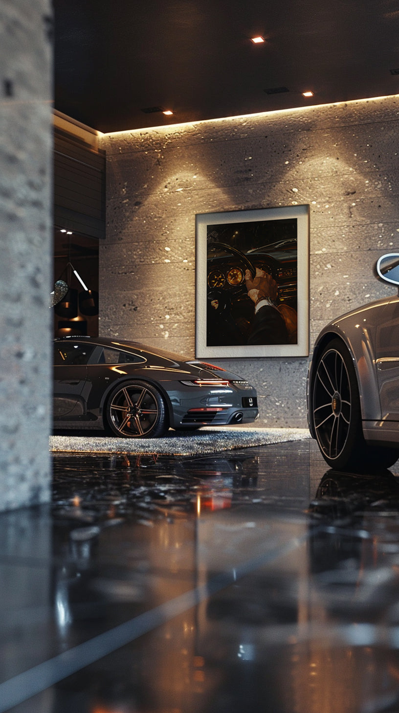 Luxury car in a showroom with a framed picture on the wall.