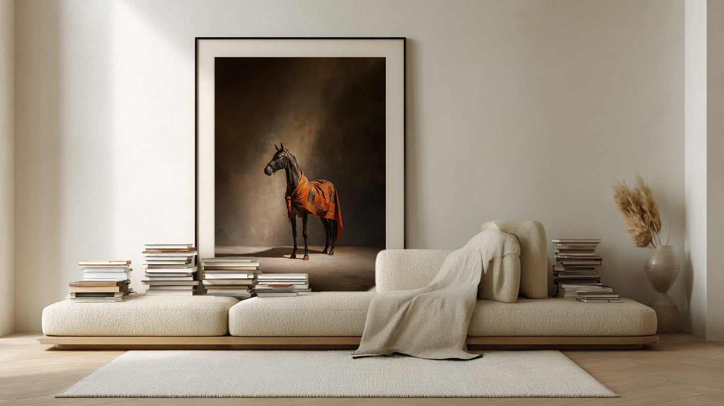 Modern living room with a sofa, books, and a large framed picture of a horse.