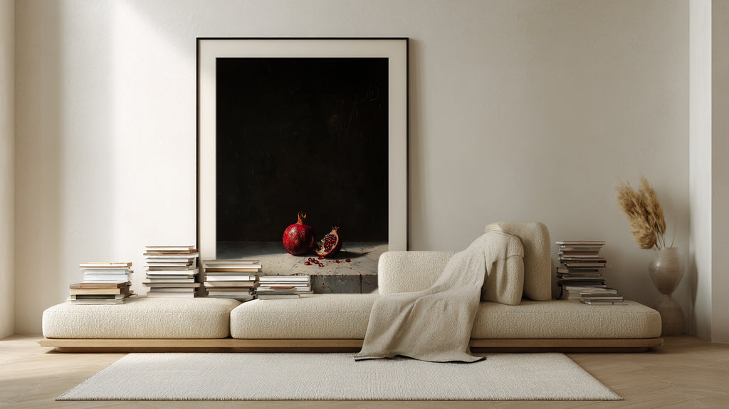 Modern living room with a beige sofa, books, and a framed picture on a white wall.