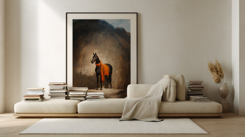 Living room with a sofa, books, and a horse painting on the wall.