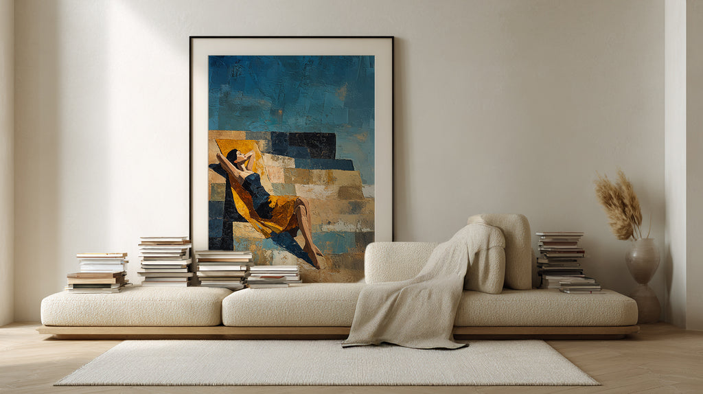 Modern living room with a sofa, books, and a large abstract painting on the wall.