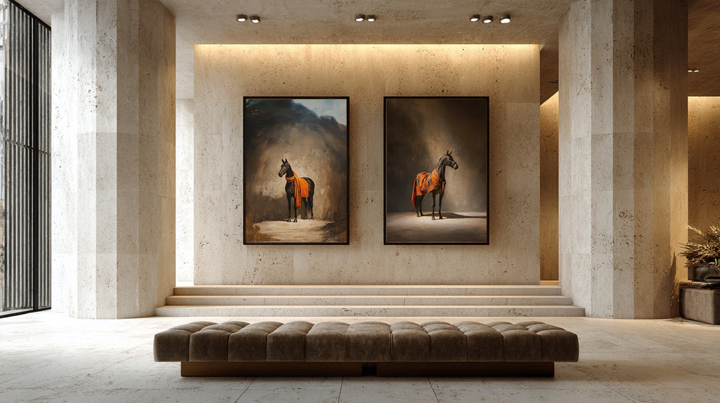 Modern interior with two horse paintings on a wall above a bench.