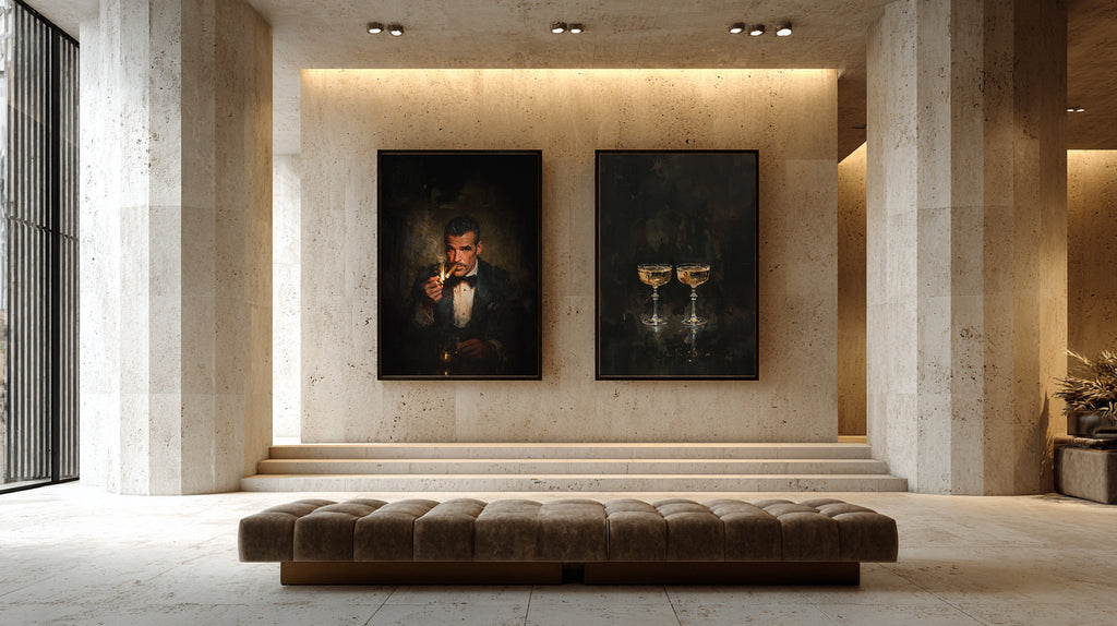Luxurious interior with two framed artworks on a wall above a cushioned bench.