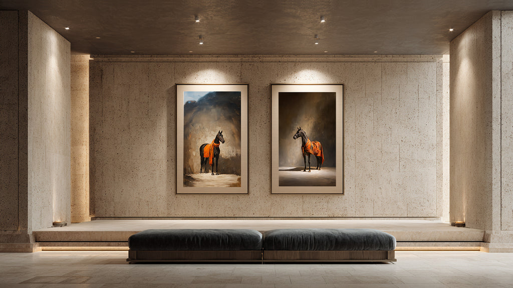 Two framed horse portraits on a wall in a modern interior setting.