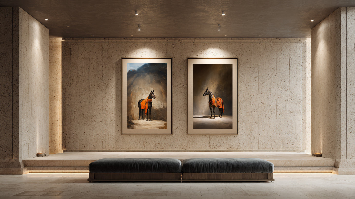 Two framed horse portraits on a wall in a modern interior setting.