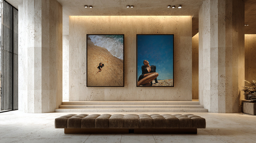 Modern interior with two framed artworks on a wall above a bench.