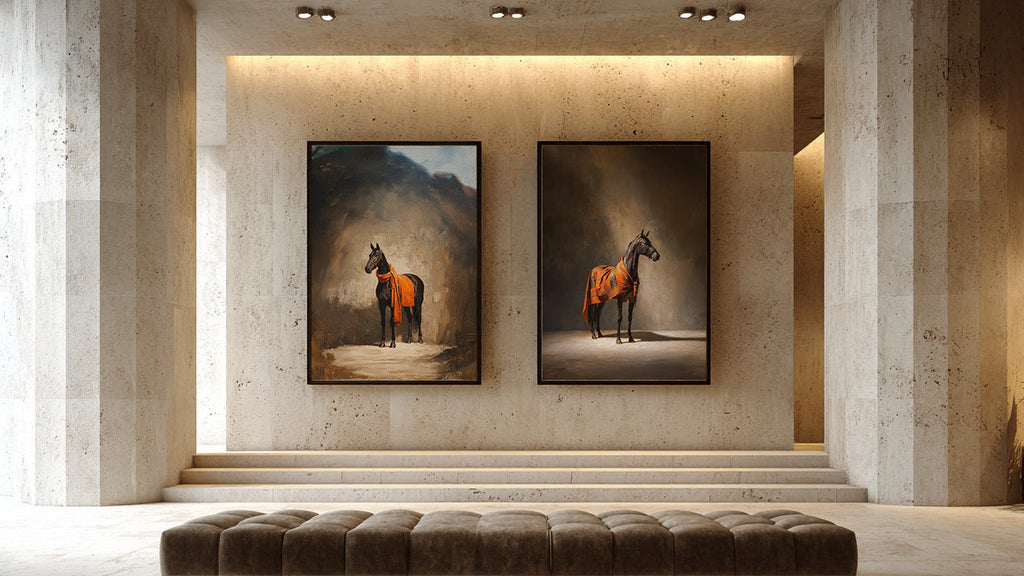 Modern interior with two horse paintings on a wall above a bench.