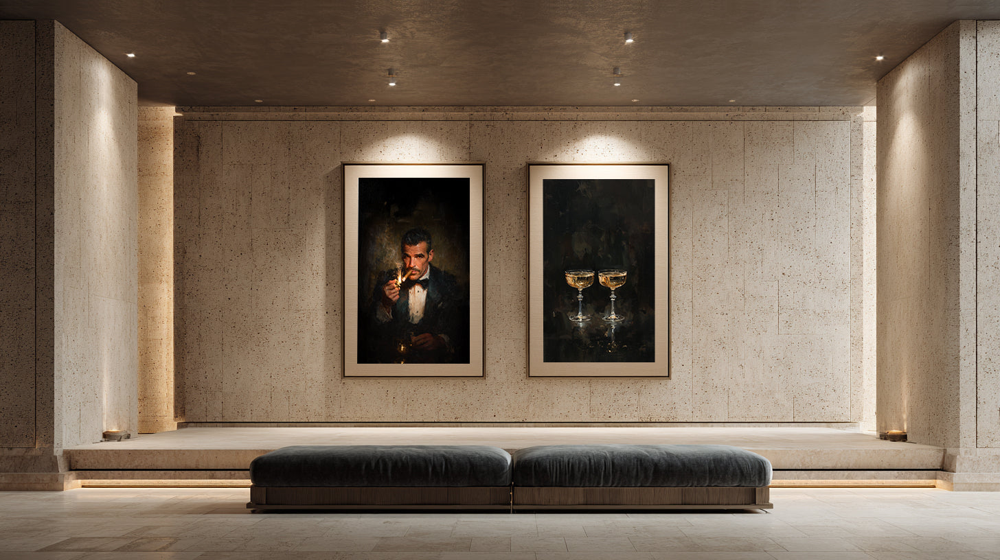 Two framed artworks on a wall in a modern interior setting.