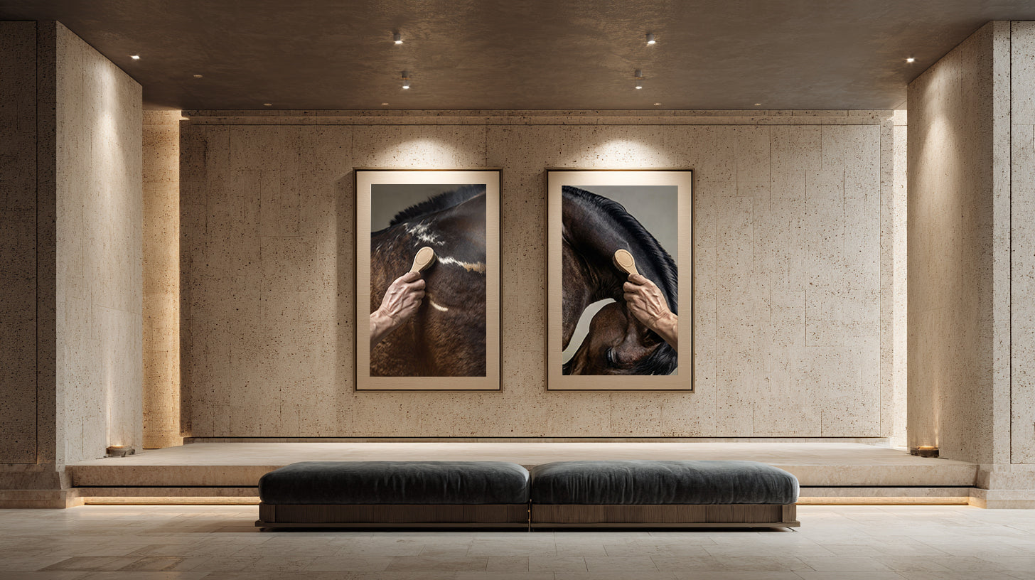 close up photograph of a horse’s crest being brushed by hand in soft studio lighting