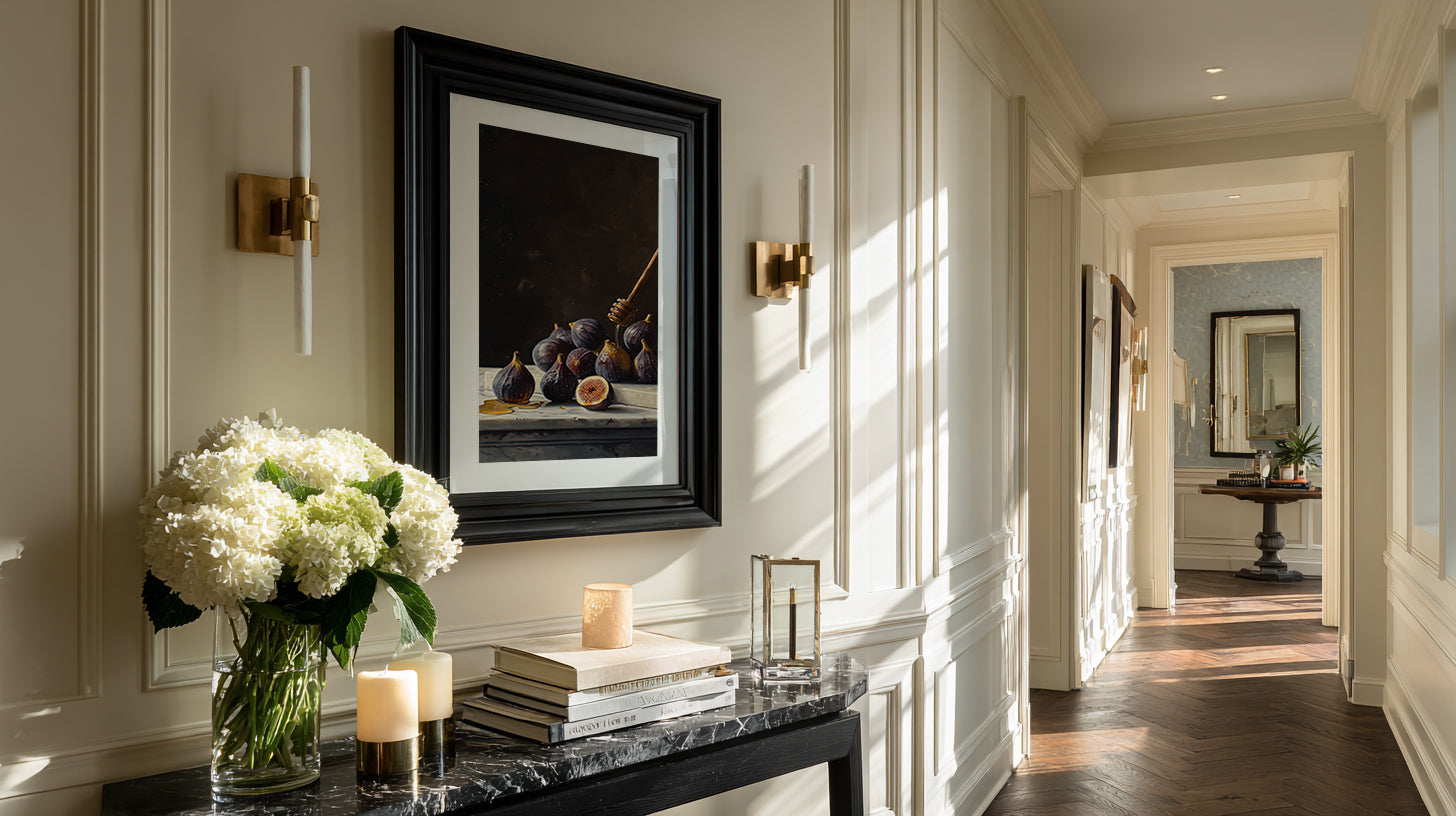 oil style still life painting of figs on marble with honey dripping from a wooden dipper, dark background and rich classical lighting